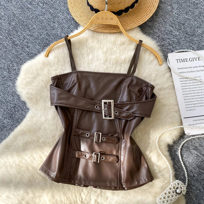 Crop Tops Sexy PU Y2k Tanks Women Clothing Fashion Summer Camis 2026 Ropa Mujer Slim Waist Irregular Backless Harajuku Vest