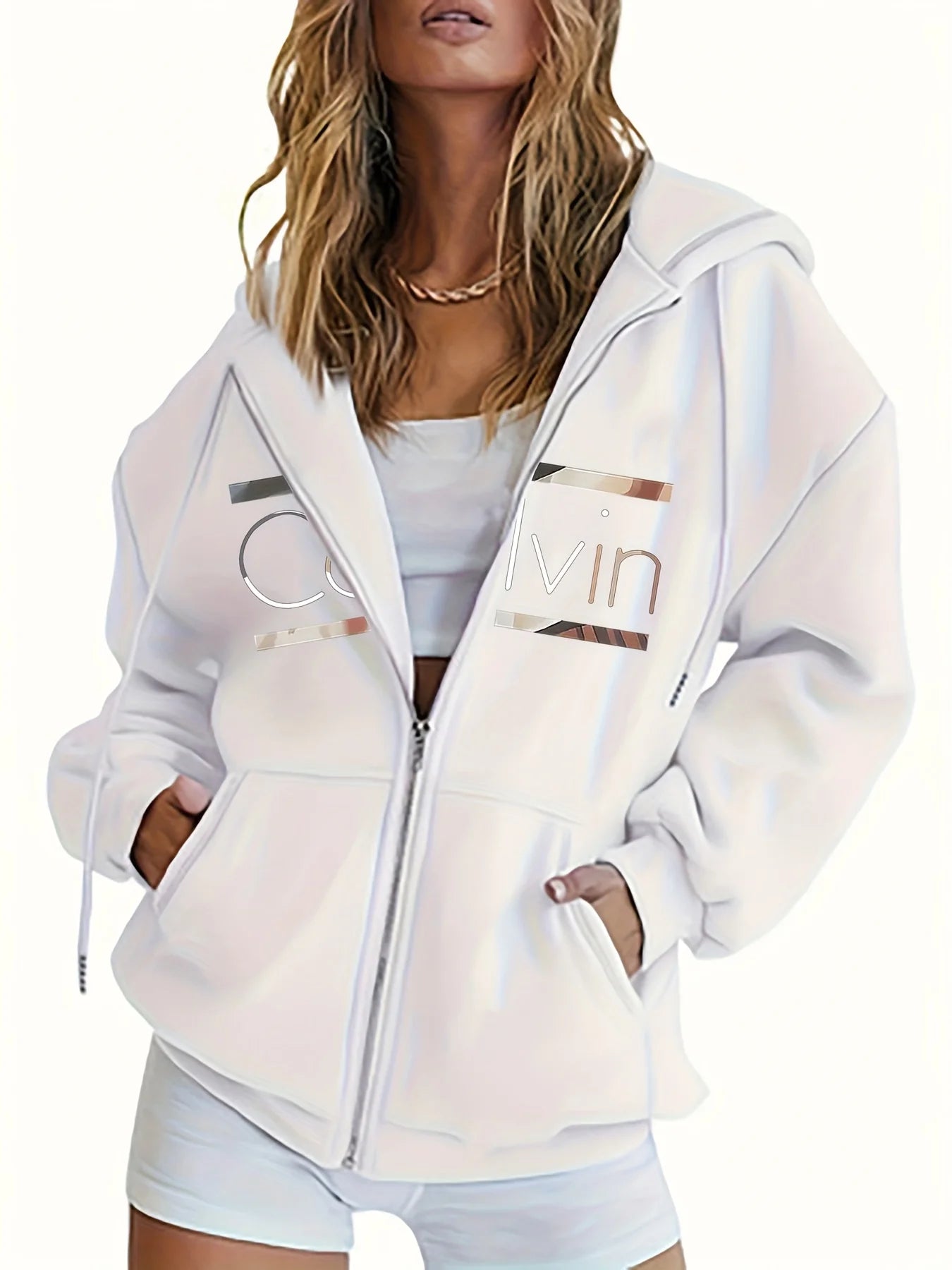 Women's Hoodie - Cozy Brown Zip-Up with White Print Casual Long Sleeve Sweatshirt  Drop Shoulder Design Relaxed Fit Winter W
