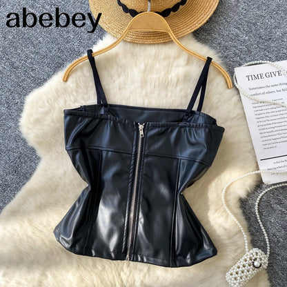 Crop Tops Sexy PU Y2k Tanks Women Clothing Fashion Summer Camis 2026 Ropa Mujer Slim Waist Irregular Backless Harajuku Vest