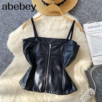 Crop Tops Sexy PU Y2k Tanks Women Clothing Fashion Summer Camis 2026 Ropa Mujer Slim Waist Irregular Backless Harajuku Vest