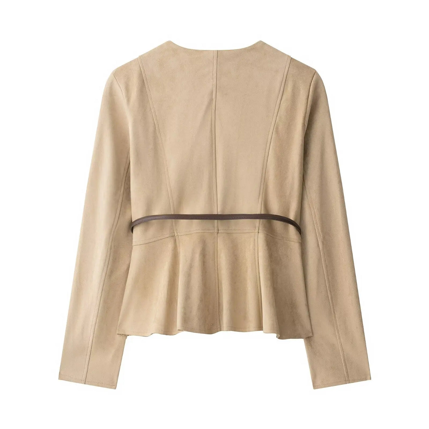 Women's Jacket Fashionable Women's Jacket with Belt Short Skirt Hem Jacket with Suede Effect