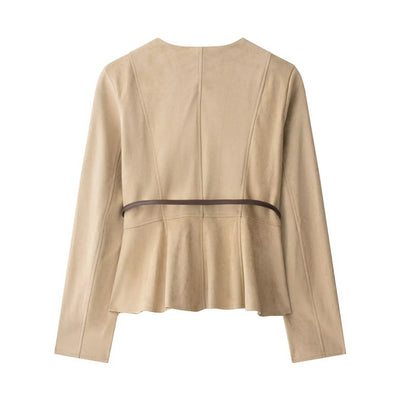 Women's Jacket Fashionable Women's Jacket with Belt Short Skirt Hem Jacket with Suede Effect