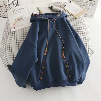 Women's Hoodie Drawstring Tassel Exquisite Embroidery Large Pocket Thick Pullover Artistic Fashionable Autumn Winter Top Jacket