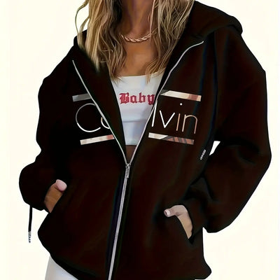Women's Hoodie - Cozy Brown Zip-Up with White Print Casual Long Sleeve Sweatshirt  Drop Shoulder Design Relaxed Fit Winter W