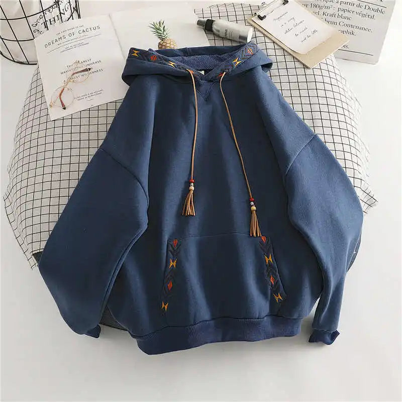 Women's Hoodie Drawstring Tassel Exquisite Embroidery Large Pocket Thick Pullover Artistic Fashionable Autumn Winter Top Jacket