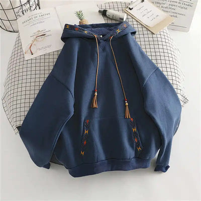 Women's Hoodie Drawstring Tassel Exquisite Embroidery Large Pocket Thick Pullover Artistic Fashionable Autumn Winter Top Jacket