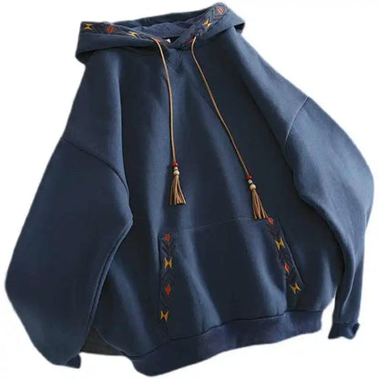 Women's Hoodie Drawstring Tassel Exquisite Embroidery Large Pocket Thick Pullover Artistic Fashionable Autumn Winter Top Jacket