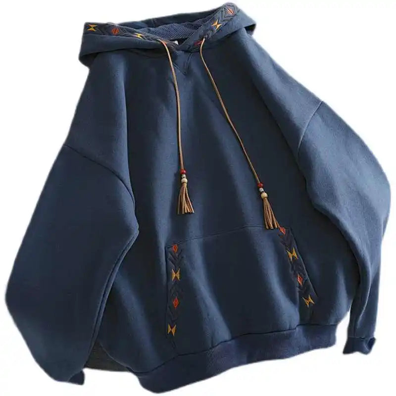 Women's Hoodie Drawstring Tassel Exquisite Embroidery Large Pocket Thick Pullover Artistic Fashionable Autumn Winter Top Jacket