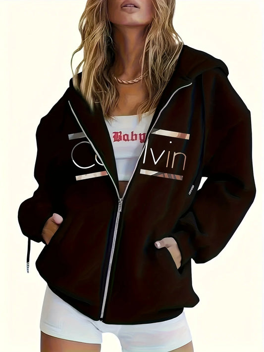 Women's Hoodie - Cozy Brown Zip-Up with White Print Casual Long Sleeve Sweatshirt  Drop Shoulder Design Relaxed Fit Winter W