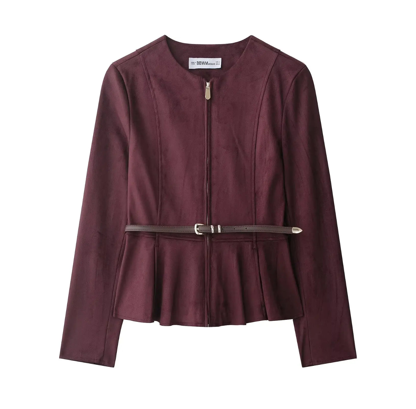Women's Jacket Fashionable Women's Jacket with Belt Short Skirt Hem Jacket with Suede Effect