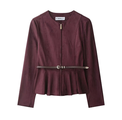 Women's Jacket Fashionable Women's Jacket with Belt Short Skirt Hem Jacket with Suede Effect