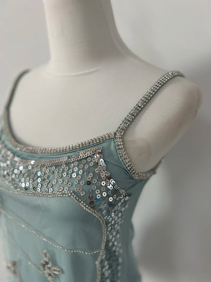 Crop Tank Top Women New Summer High-end Advanced Sexy Designed Niche Chic Temperature Irregular Sequin Mesh Suspender Vest