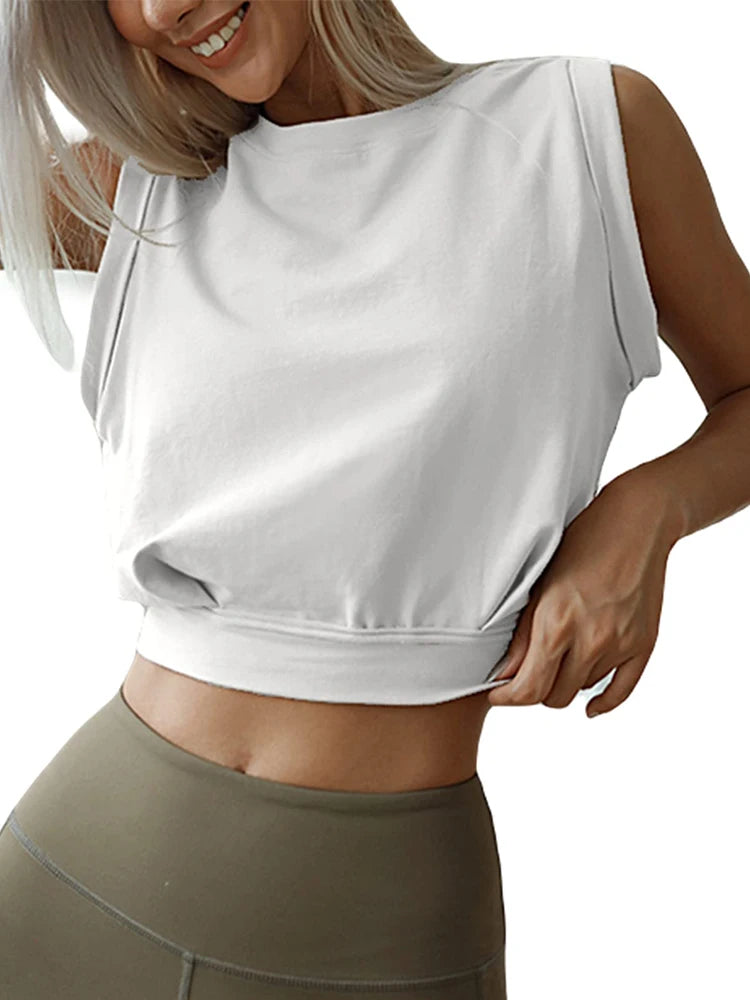 Crop Top Cotton Shirts for Women Cute Sleeveless Yoga Tops Running Gym Workout Shirts Casual Fitness Loose Female T-Shirt