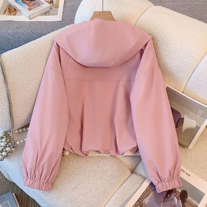 Women's Jacket Fashion Hooded Windbreaker New Spring Autumn Female Casual Short Coat Outwear Pink Green White Female Outerwear