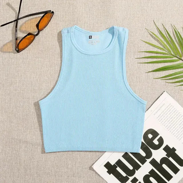 Crop Top Women Solid Basic T-shirts Vest Seamless Streetwear Elastic Rib-Knit Sleeveless Casual Tank Tops Female