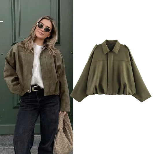Women's Bomber Jackets Coats Fashion Turn-down Collar Long Sleeve Loose Coats Vintage Female Outerwear Chic Tops