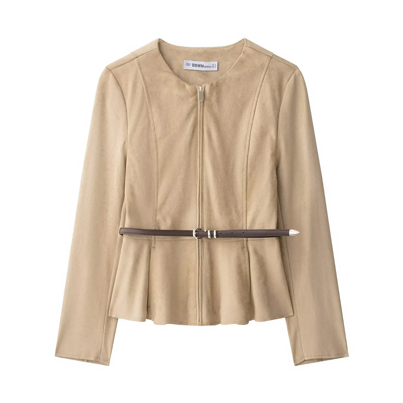 Women's Jacket Fashionable Women's Jacket with Belt Short Skirt Hem Jacket with Suede Effect