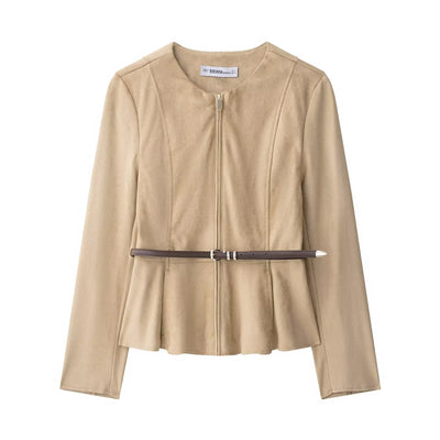 Women's Jacket Fashionable Women's Jacket with Belt Short Skirt Hem Jacket with Suede Effect