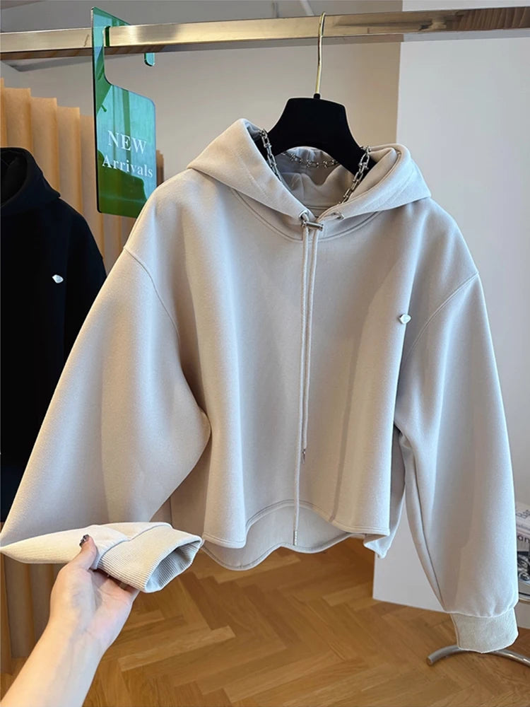 Women Hoodie Harajuku Loose Oversized Solid Color Tops Half Sweatshirt Casual Versatile Long Sleeve Hooded Coats