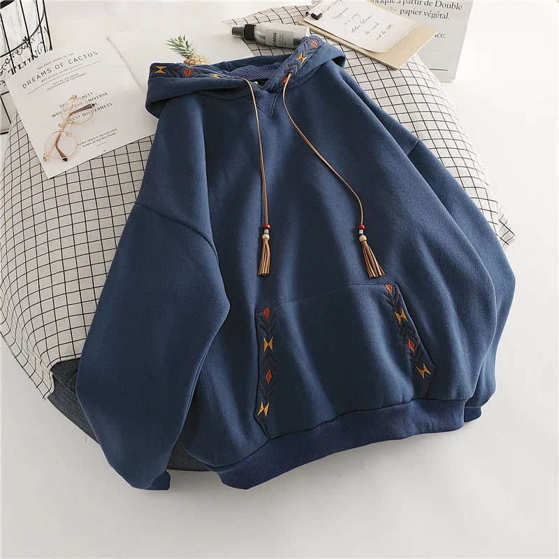 Women's Hoodie Drawstring Tassel Exquisite Embroidery Large Pocket Thick Pullover Artistic Fashionable Autumn Winter Top Jacket