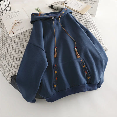 Women's Hoodie Drawstring Tassel Exquisite Embroidery Large Pocket Thick Pullover Artistic Fashionable Autumn Winter Top Jacket