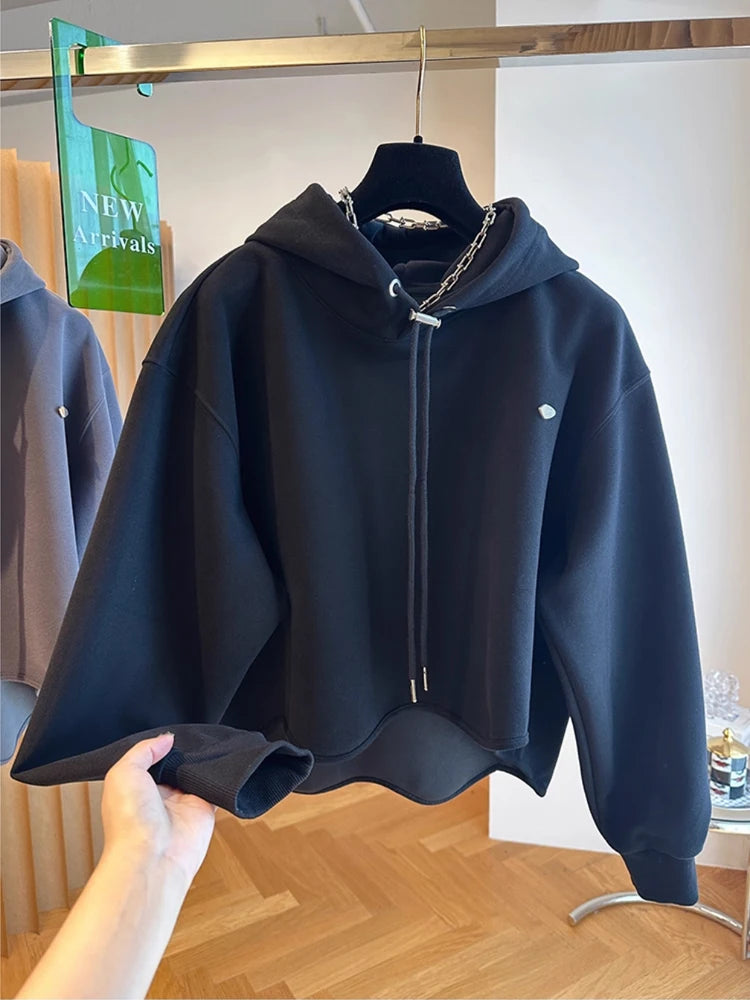 Women Hoodie Harajuku Loose Oversized Solid Color Tops Half Sweatshirt Casual Versatile Long Sleeve Hooded Coats