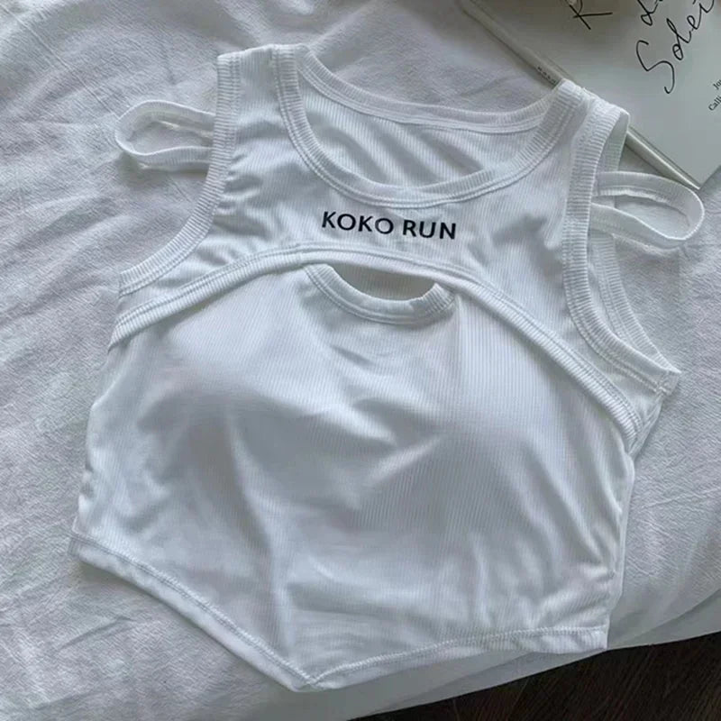 Casual Crop Tops For Women Knitting Irregular Tops Hollow Out Camisole Women Fake Two Pieces Tank Tops With Bra Pad