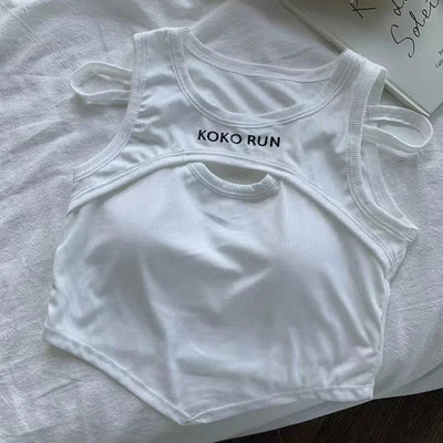 Casual Crop Tops For Women Knitting Irregular Tops Hollow Out Camisole Women Fake Two Pieces Tank Tops With Bra Pad