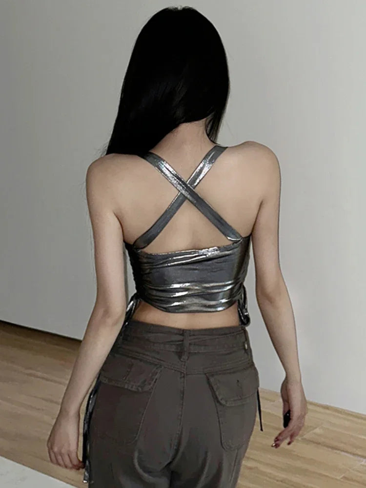 Crop Tops Camis for Women Slim Y2k Sexy Girls Shirring Design Backless Club Hotsweet Tender Korean Fashion Versatile Streetwear