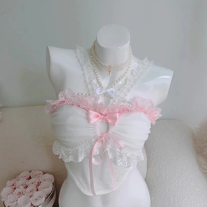 Cute Crop Top Women Summer Lace Trim Bows Decoration Sweet and Lovely Slim Tops for Girls Lolita Style Aesthetic Kawaii Clothes