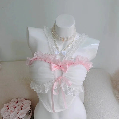 Cute Crop Top Women Summer Lace Trim Bows Decoration Sweet and Lovely Slim Tops for Girls Lolita Style Aesthetic Kawaii Clothes