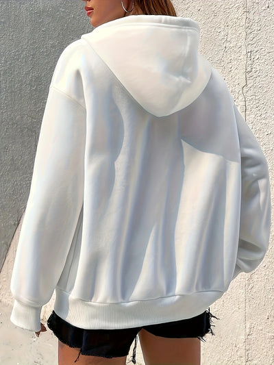 Women's Hoodie - Cozy Brown Zip-Up with White Print Casual Long Sleeve Sweatshirt  Drop Shoulder Design Relaxed Fit Winter W