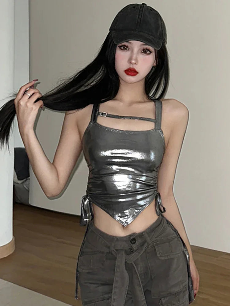 Crop Tops Camis for Women Slim Y2k Sexy Girls Shirring Design Backless Club Hotsweet Tender Korean Fashion Versatile Streetwear