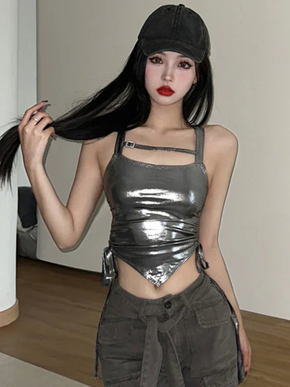 Crop Tops Camis for Women Slim Y2k Sexy Girls Shirring Design Backless Club Hotsweet Tender Korean Fashion Versatile Streetwear