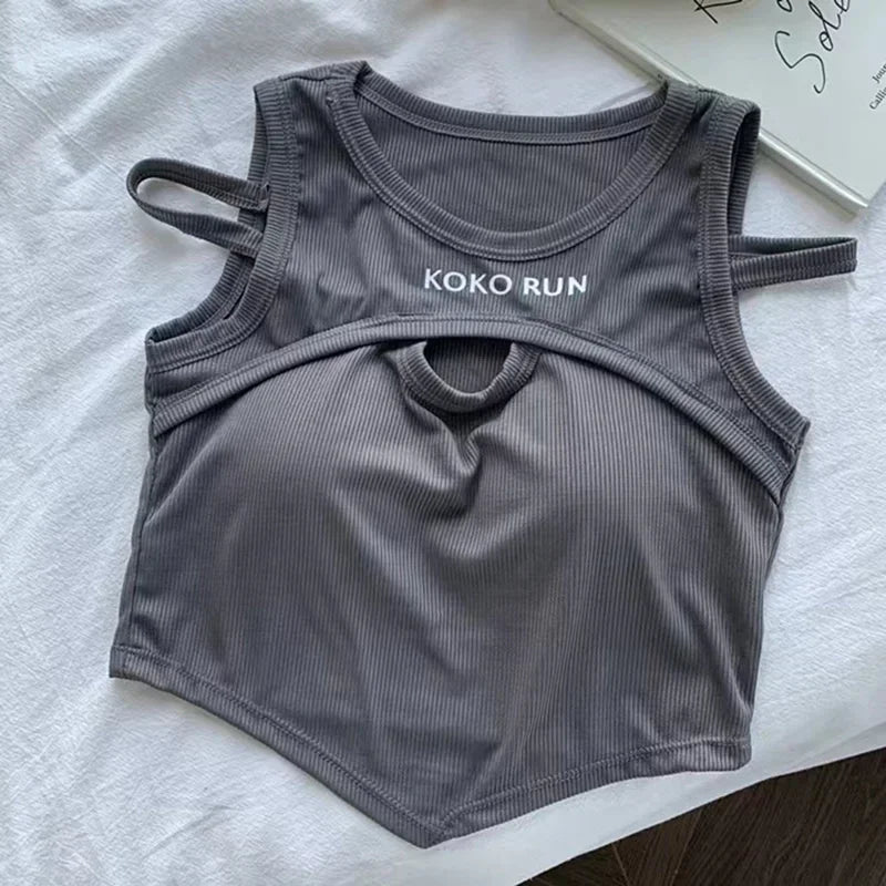Casual Crop Tops For Women Knitting Irregular Tops Hollow Out Camisole Women Fake Two Pieces Tank Tops With Bra Pad