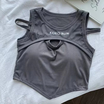 Casual Crop Tops For Women Knitting Irregular Tops Hollow Out Camisole Women Fake Two Pieces Tank Tops With Bra Pad