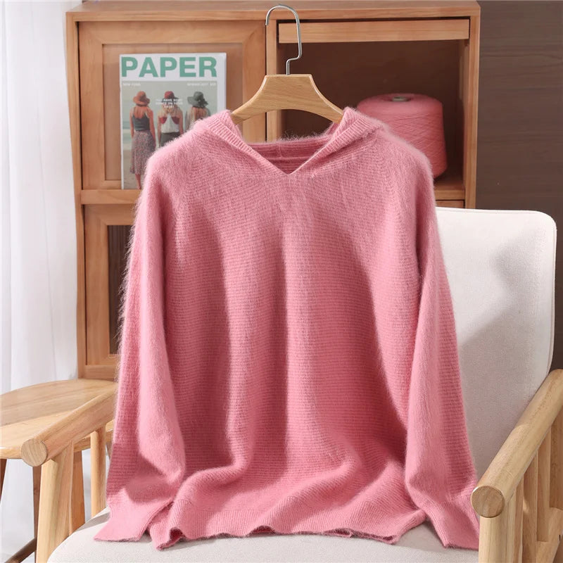 Women's hoodie, new autumn and winter sweaters Women's, mink cashmere knitted hooded pullover, fashionable elegant jumper top