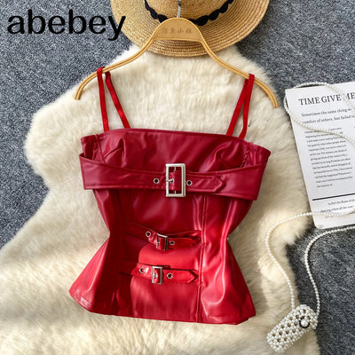 Crop Tops Sexy PU Y2k Tanks Women Clothing Fashion Summer Camis 2026 Ropa Mujer Slim Waist Irregular Backless Harajuku Vest