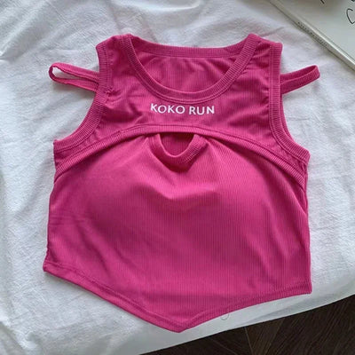 Casual Crop Tops For Women Knitting Irregular Tops Hollow Out Camisole Women Fake Two Pieces Tank Tops With Bra Pad