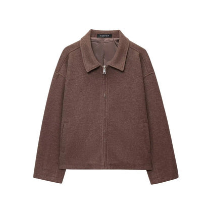 Women's Jacket New Fall Brown Long Sleeve Lapel Woolen Jacket Texture Jacket Casual Fashion Personality Versatile