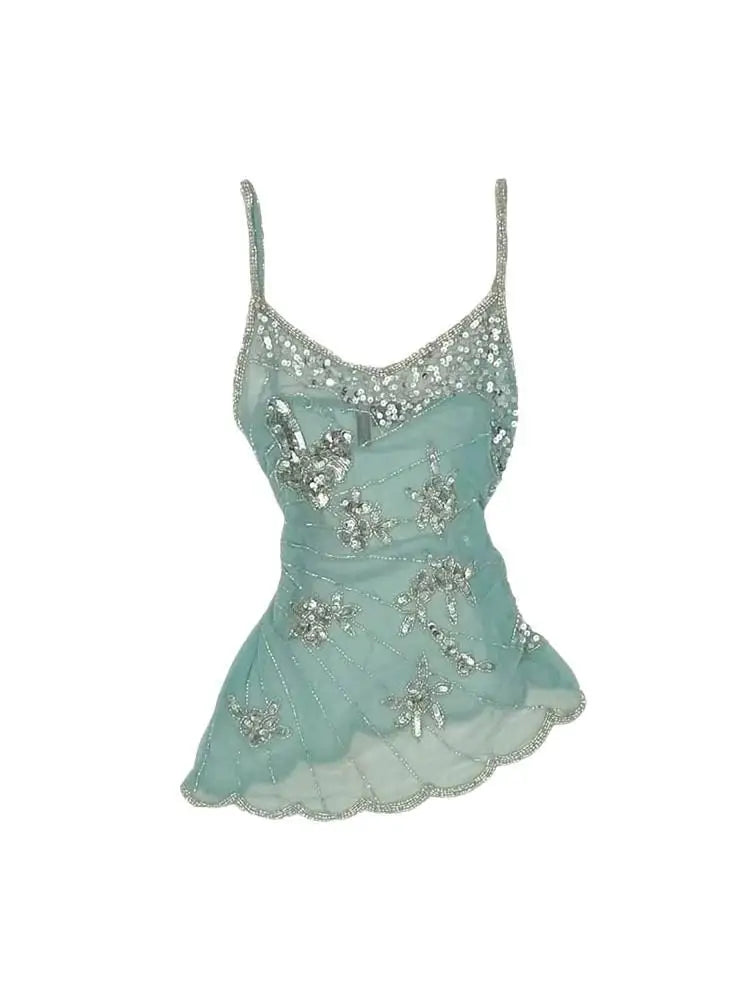 Crop Tank Top Women New Summer High-end Advanced Sexy Designed Niche Chic Temperature Irregular Sequin Mesh Suspender Vest