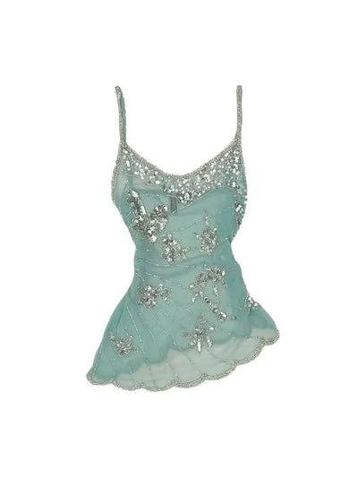 Crop Tank Top Women New Summer High-end Advanced Sexy Designed Niche Chic Temperature Irregular Sequin Mesh Suspender Vest