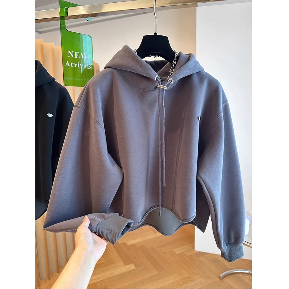 Women Hoodie Harajuku Loose Oversized Solid Color Tops Half Sweatshirt Casual Versatile Long Sleeve Hooded Coats