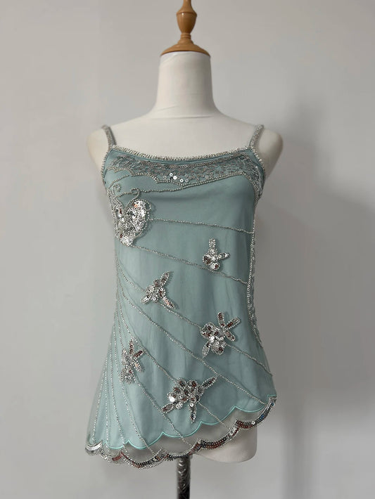 Crop Tank Top Women New Summer High-end Advanced Sexy Designed Niche Chic Temperature Irregular Sequin Mesh Suspender Vest