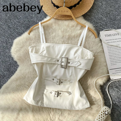 Crop Tops Sexy PU Y2k Tanks Women Clothing Fashion Summer Camis 2026 Ropa Mujer Slim Waist Irregular Backless Harajuku Vest