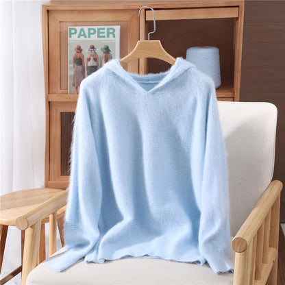 Women's hoodie, new autumn and winter sweaters Women's, mink cashmere knitted hooded pullover, fashionable elegant jumper top