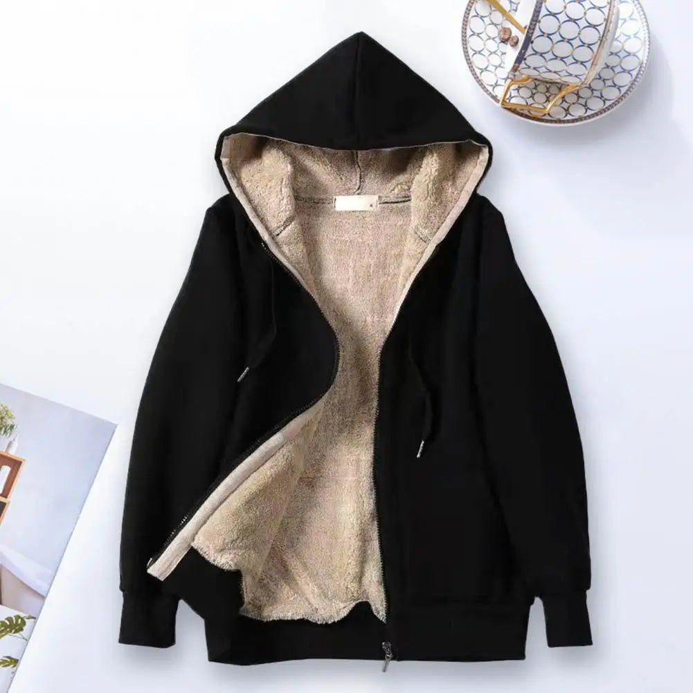 Women Hoodie Fleeced Lined Solid Color Jacket Autumn Winter Loose Drawstring Sweatshirt Coat Outwear Parka Warm Hooded Coat 후드티