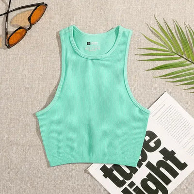 Crop Top Women Solid Basic T-shirts Vest Seamless Streetwear Elastic Rib-Knit Sleeveless Casual Tank Tops Female