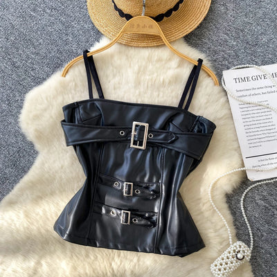 Crop Tops Sexy PU Y2k Tanks Women Clothing Fashion Summer Camis 2026 Ropa Mujer Slim Waist Irregular Backless Harajuku Vest