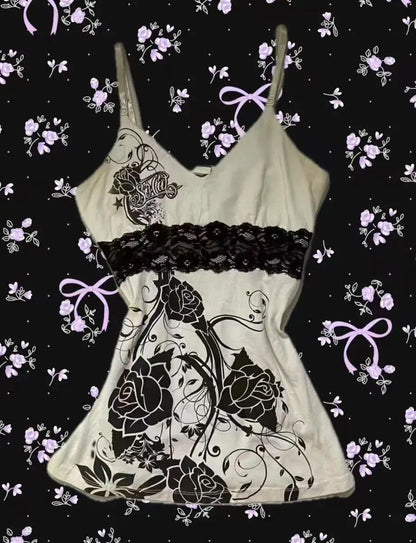 Aesthetic Crop Top Women Clothes Kawaii Cute Lace Slim Harajuku Flower Sweet Girl Corset Tops 2025 Sexy Y2k Tank Punk Clothing